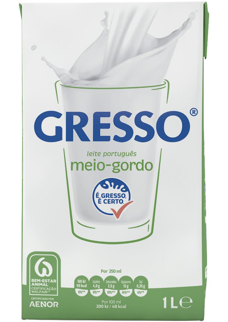 Gresso - Leite UHT Meio Gordo, embalagem de 1L