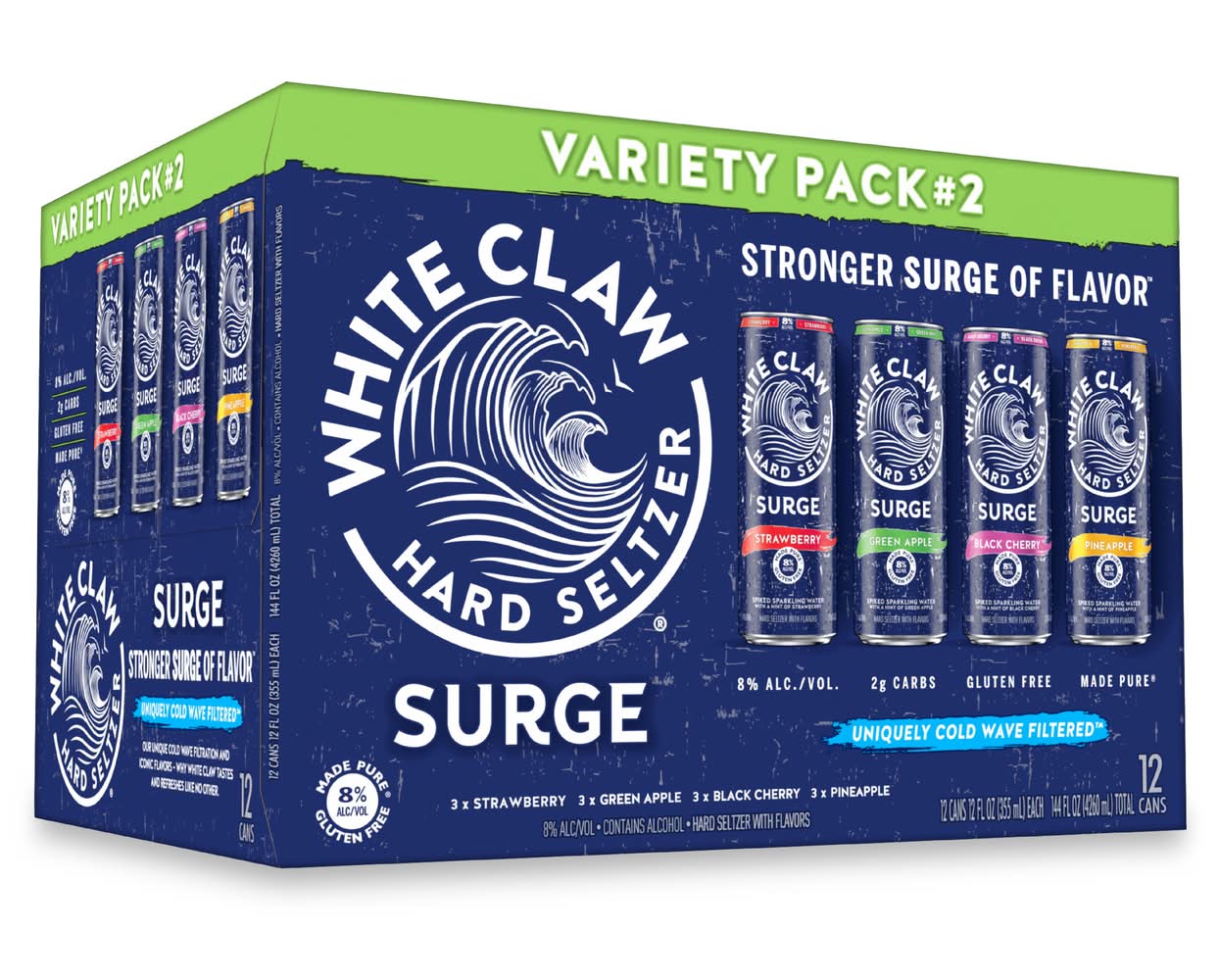 White Claw Surge Hard Seltzer Variety pack, Strawberry-Green Apple-Black Cherry-Pineapple (12 x 12 fl oz)