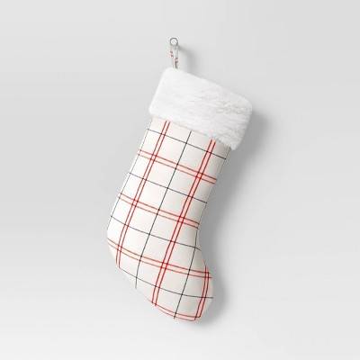 Wondershop Woven Plaid Christmas Stocking With Faux Shearling Cuff, 20", Cream-Red