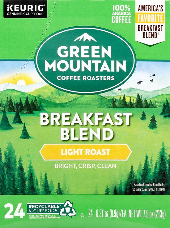Green Mountain Coffee Roasters K-Cup Pods Light Roast Breakfast Blend Coffee (24 ct 0.31 oz)