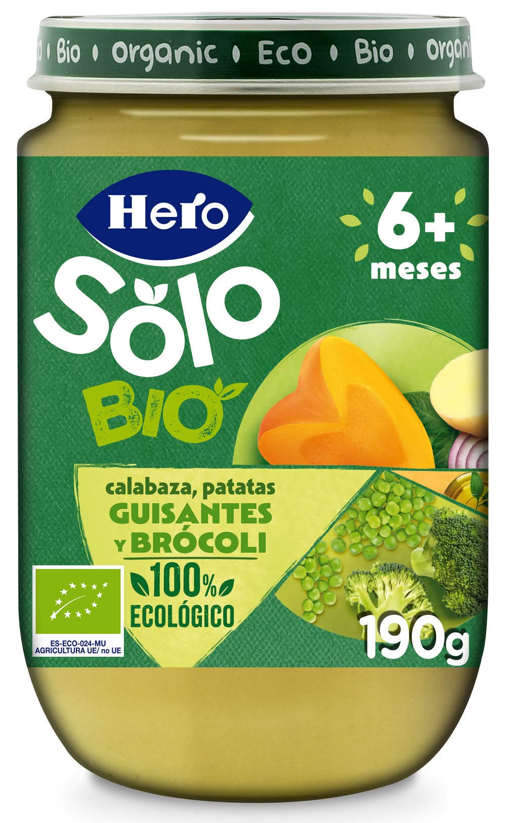 Solo bio alimento infantil de calabaza patata guisantes y brócoli · Hero (190 g)