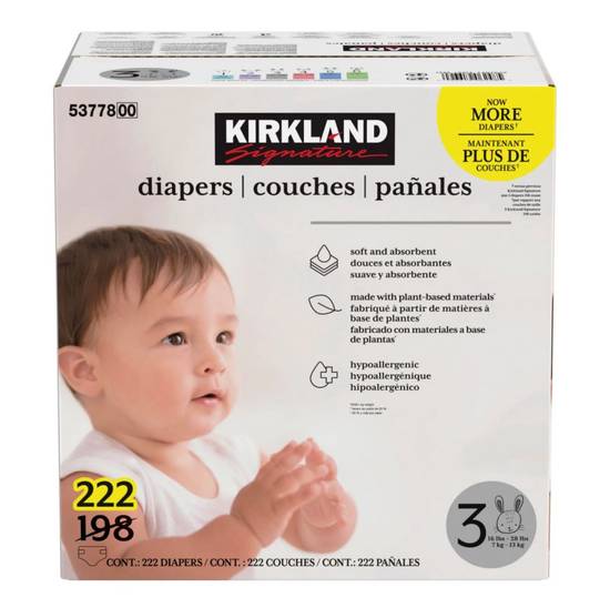 Kirkland signature couches, taille 3 (222 unités) - diapers size 3