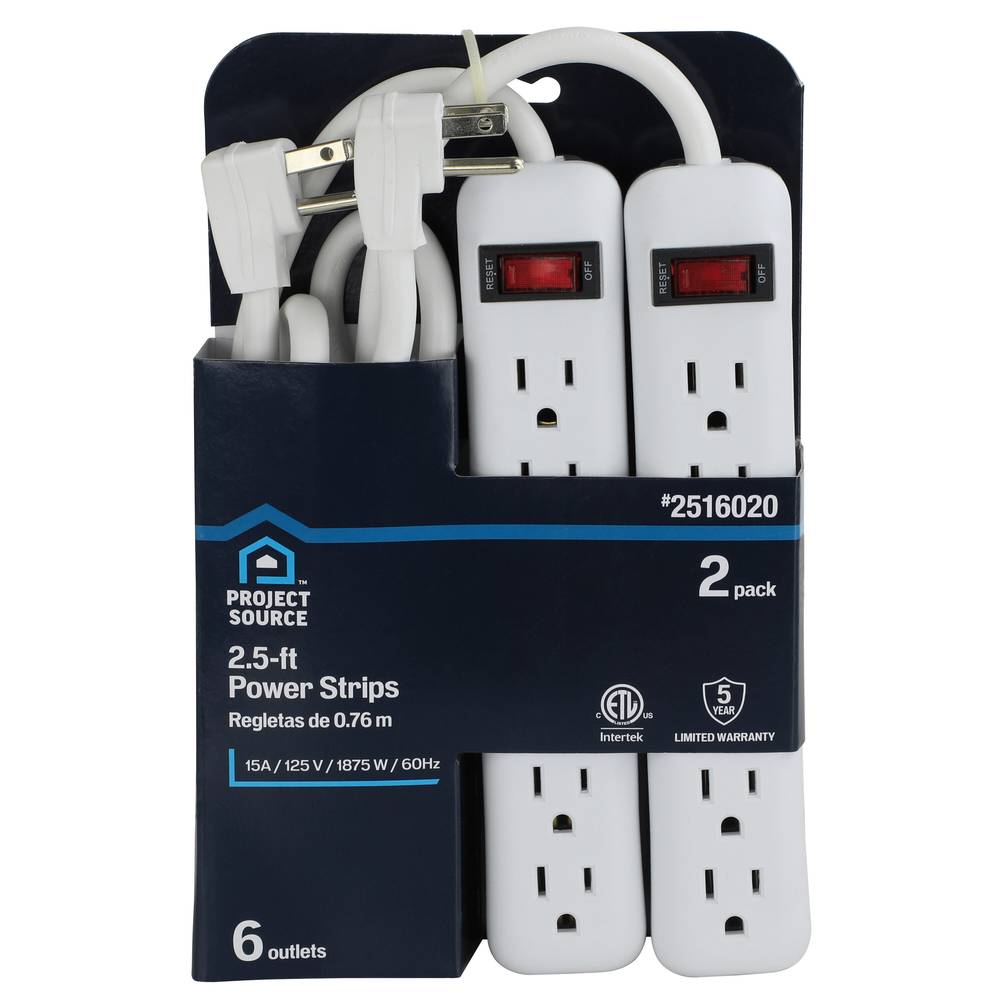 Project Source 2-1/2-ft 2-Pack 6-Outlet Indoor White Power Strip | UTPB1119-2PK