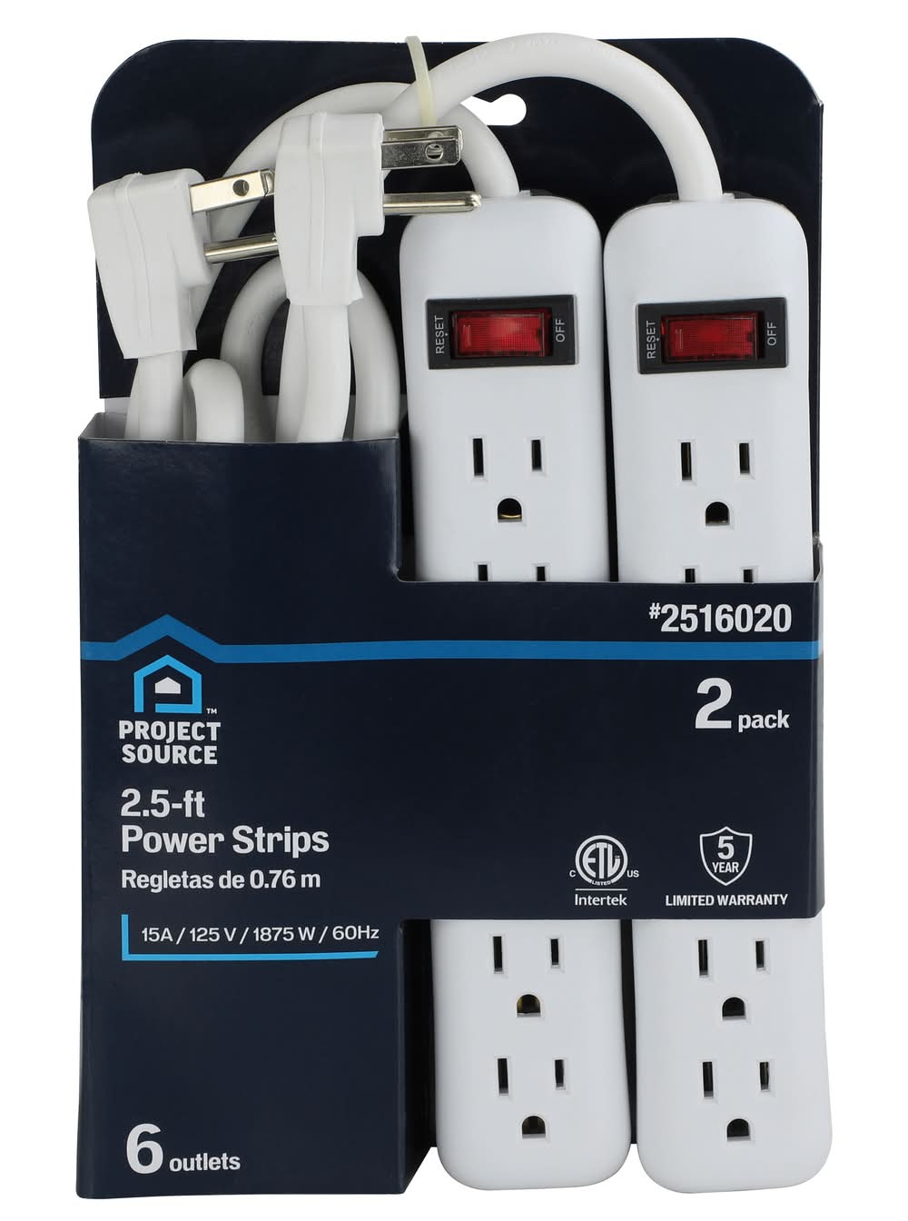 Project Source 2-1/2-ft 2 -Pack 6 -Outlet Indoor White Power Strip