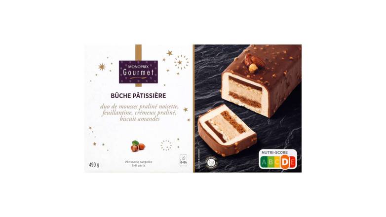 Monoprix Gourmet Bûche Pâtissière, duo de mousses praliné noisette, feuillantine, crémeux praliné, biscuit aux amandes La Bûche de 490g
