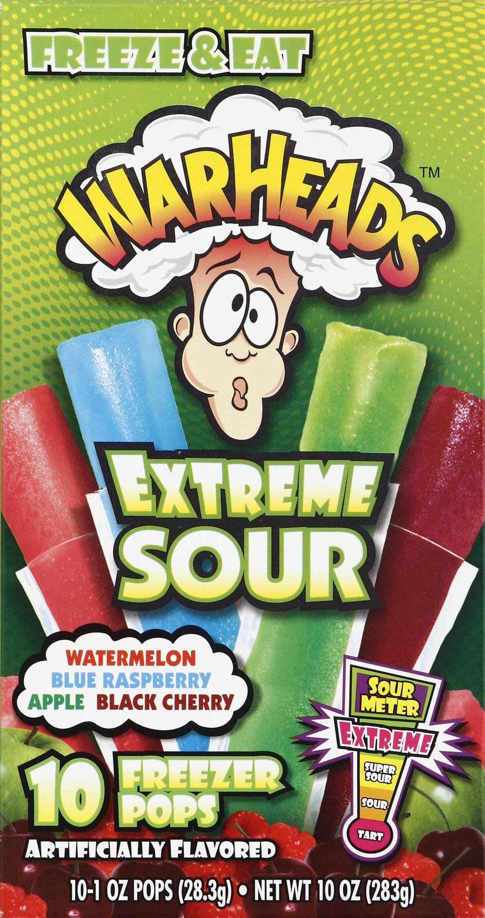 Warheads Freezer Pops, Watermelon-Blue Rasberry-Apple- Black Cherry (1 oz, 10 ct)