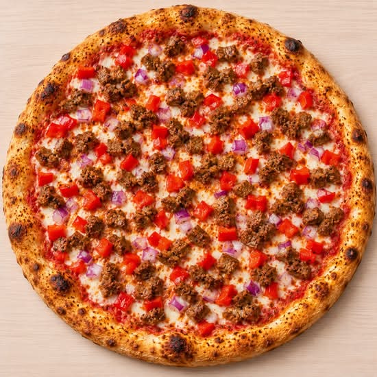 Signature Somali Oodkac pizza with seasoned preserved beef, diced red peppers, and purple onions