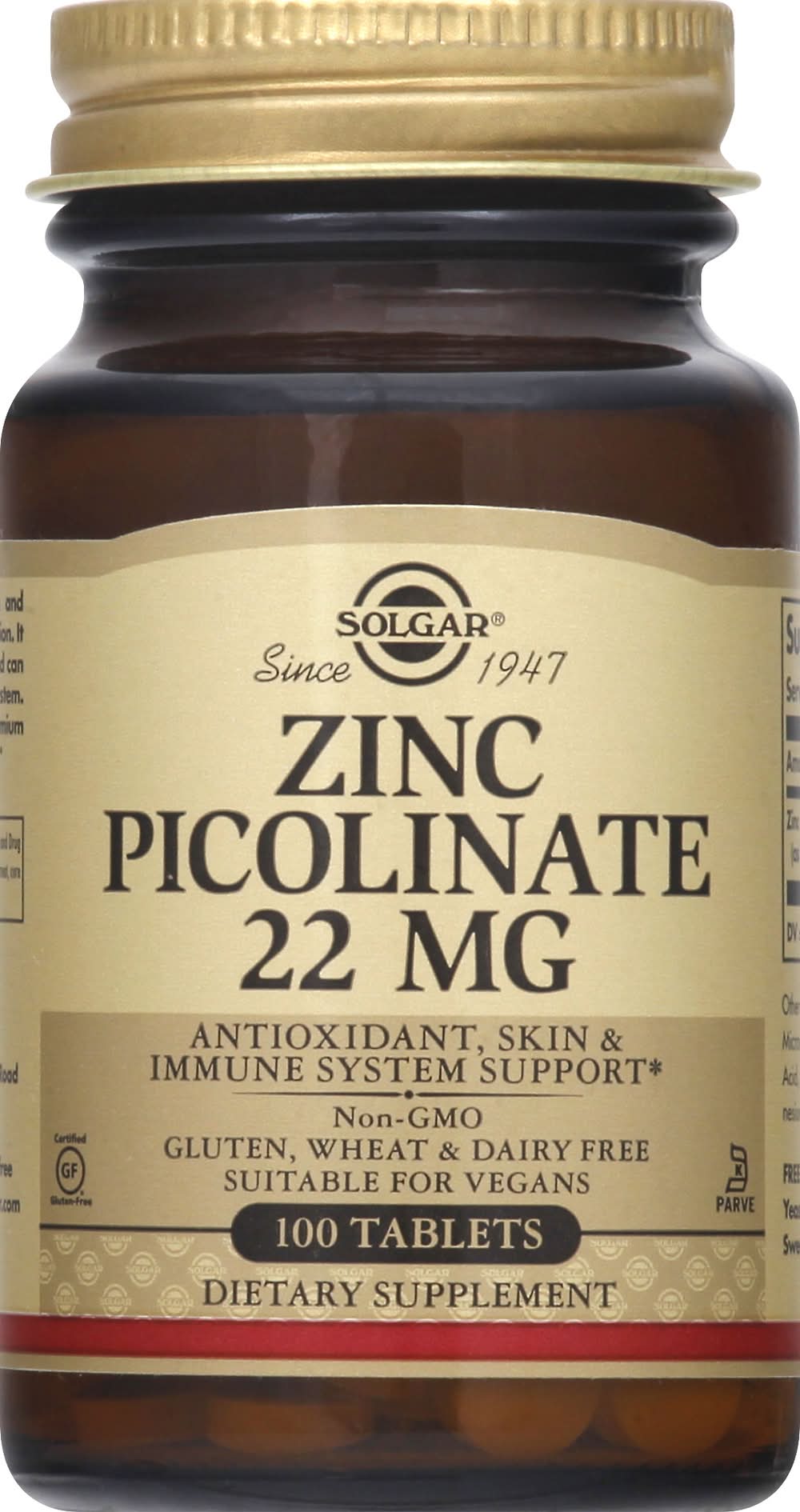 Solgar Kosher Gluten & Dairy Free Vegan 22 mg Zinc Picolinate (2.8 oz, 100 ct)