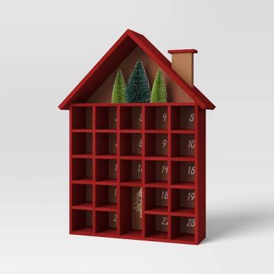 18" Wood House with Bottle Brush Trees Christmas Advent Calendar Red - Wondershop™