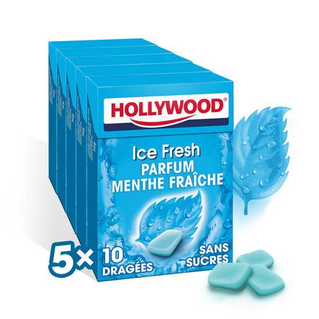 Chewing-gum à la menthe fraîche sans sucres Ice Fresh HOLLYWOOD - Les 5 boîtes de 10 dragées - 70 g