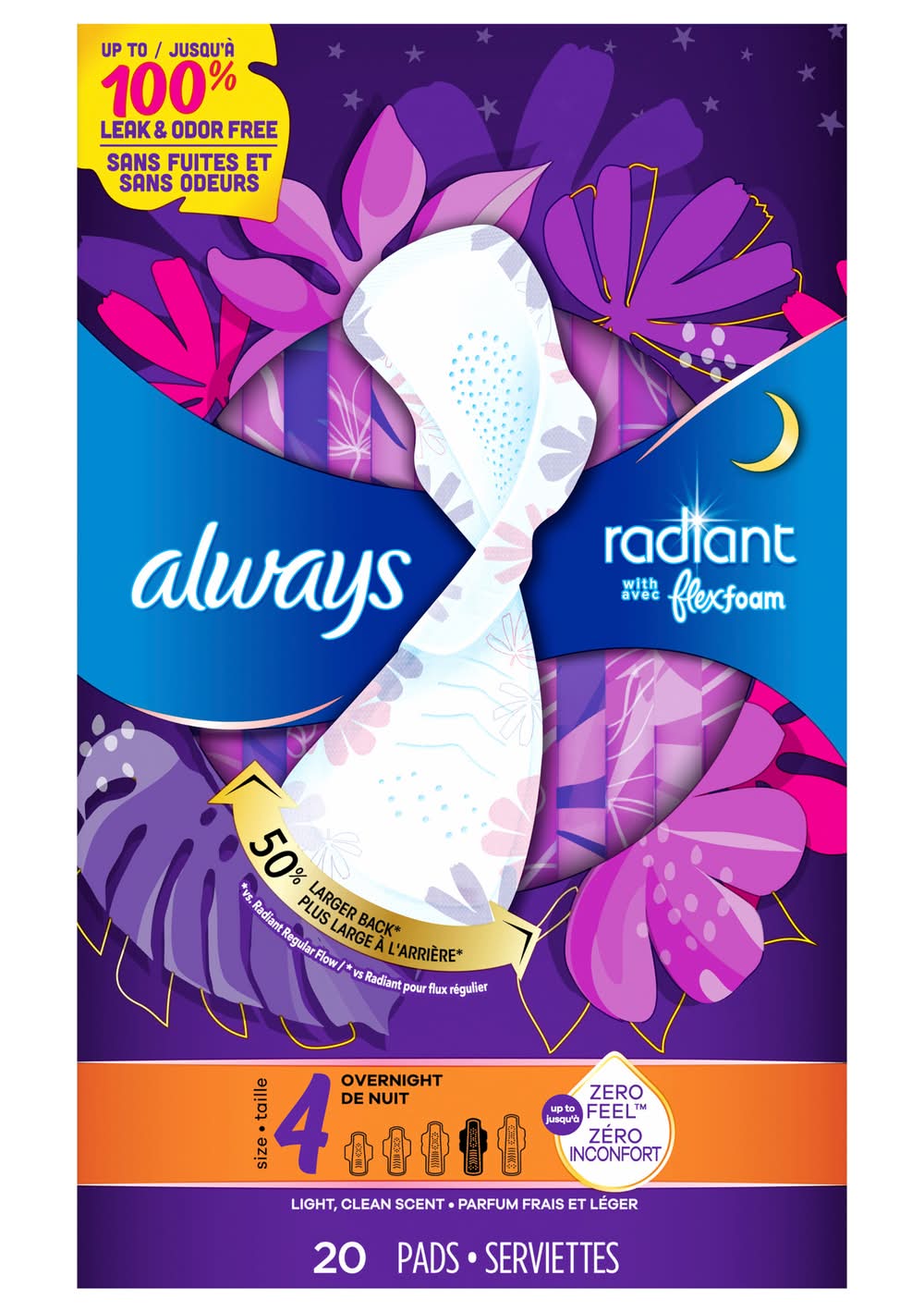 Always Radiant Overnight Pads With Wings, Size 4 (6.4 oz, 20 ct)