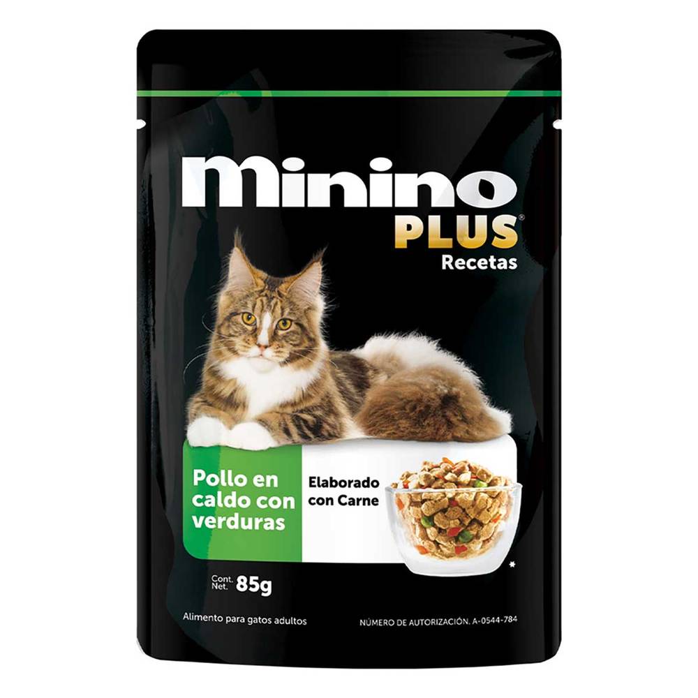 Minino · Plus alimento húmedo para gato, pollo-caldo con verduras, Adulto (85 g)