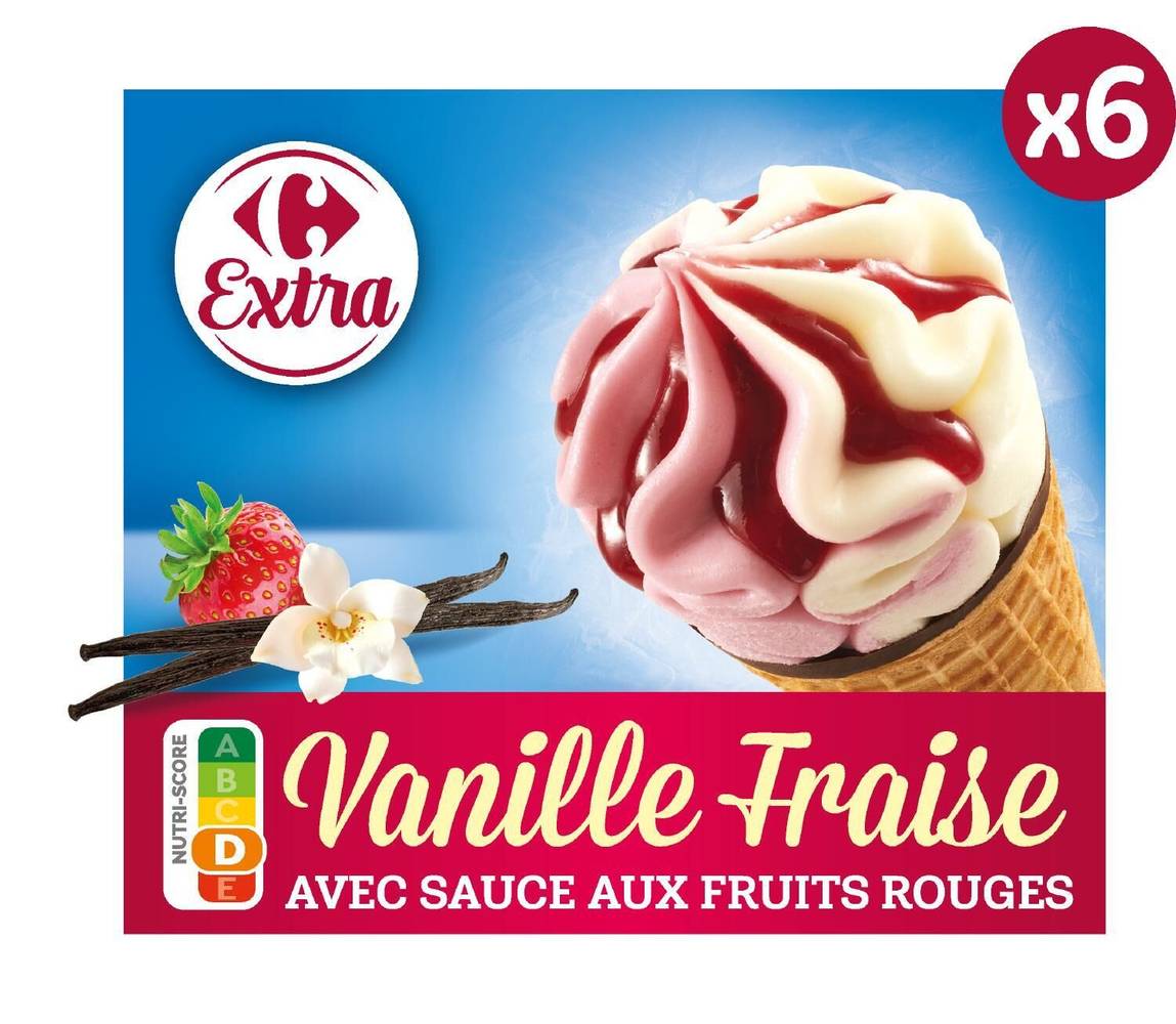 Glace Cône vanille fraise CARREFOUR - la boite de 6 - 404