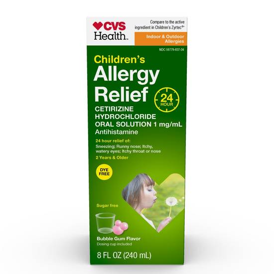 CVS Health Children's 24HR Allergy Relief Cetirizine HCl Oral Antihistamine, Bubblegum, 8 OZ