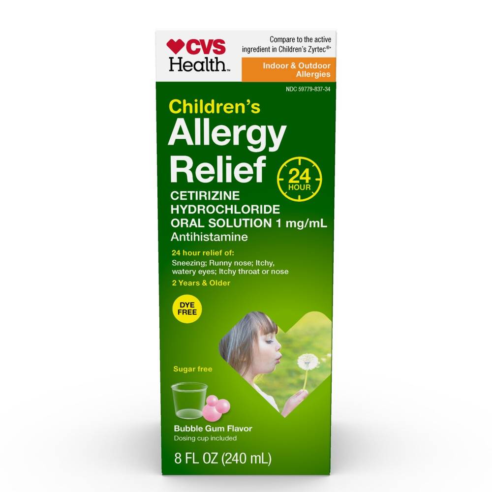 Cvs Health Children'S 24Hr Allergy Relief Cetirizine Hcl Oral Antihistamine, Bubblegum, 8 Oz