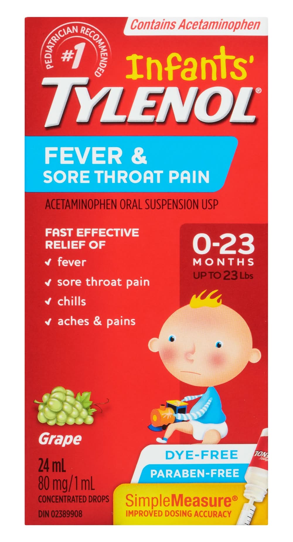 Tylenol Infants' Acetaminophen Oral Syrup For Fever & Soar Throat Pain, Grape, 0-23 Months (24 ml)
