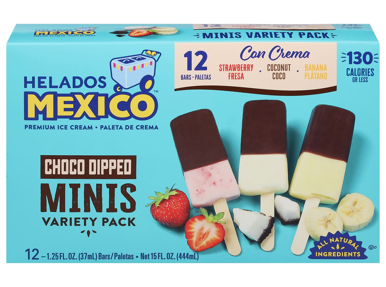 Helados Mexico Choco Dip Minis Ice Cream Bars Variety pack, Strawberry-Coconut-Banana (15 fl oz, 12 ct)