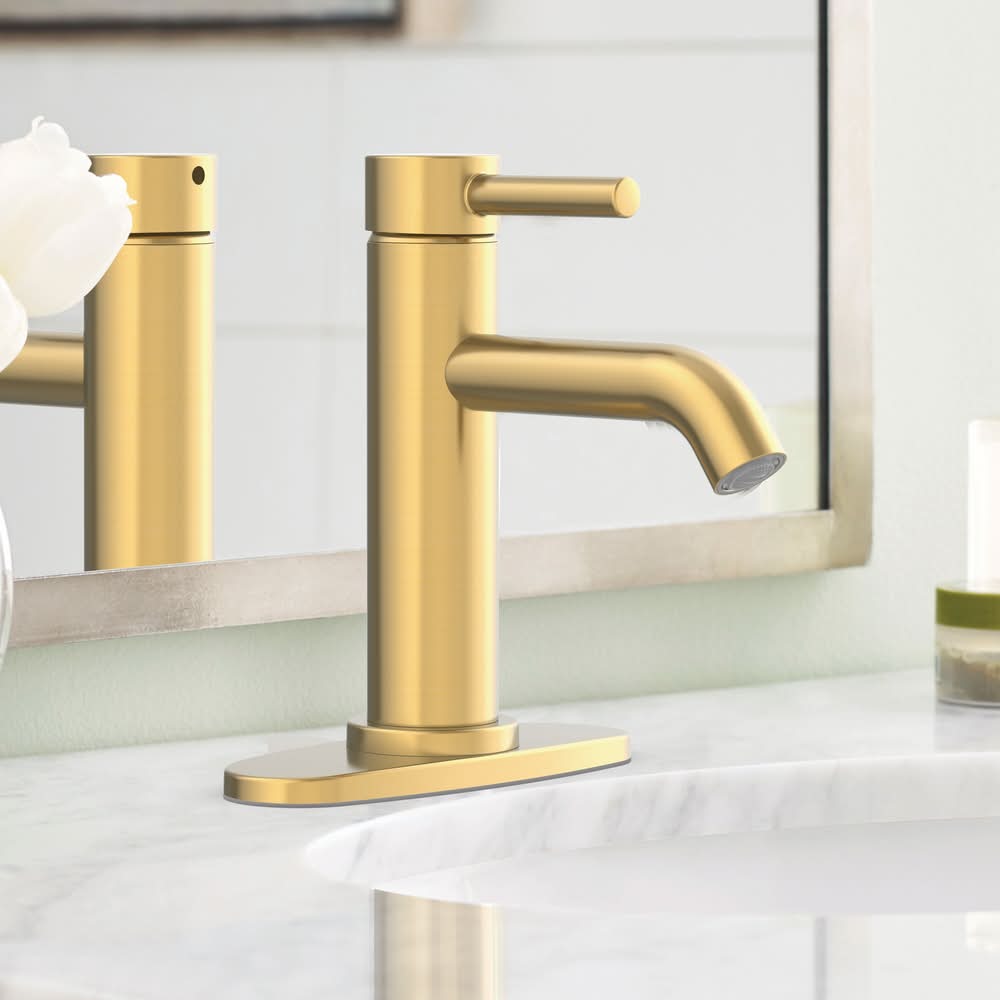 allen + roth Harlow Simplefit Brushed Gold Single hole 1-handle WaterSense Mid-arc Residential Handle Bathroom Sink Faucet with Drain with Deck Plate