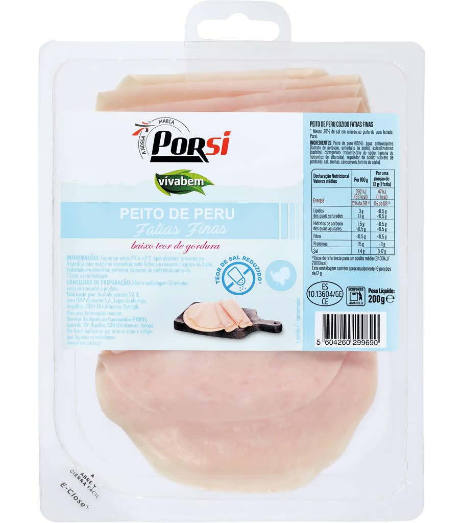 PorSi Viva Bem - Peito de peru fatias finas baixo teor de gordura, embalagem de 200 g