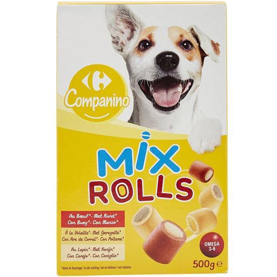 Carrefour Companino - Mix rolls biscuits fourrés pour chiens, bœuf - volaille - lapin (500g)