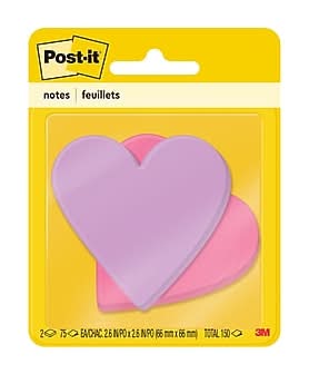 Post-it Super Sticky Removable Notes, 3 x 3 Hearts, Assorted Colors, 75 Sheets/Pad, 2 Pads/Pack (7350-HRT)