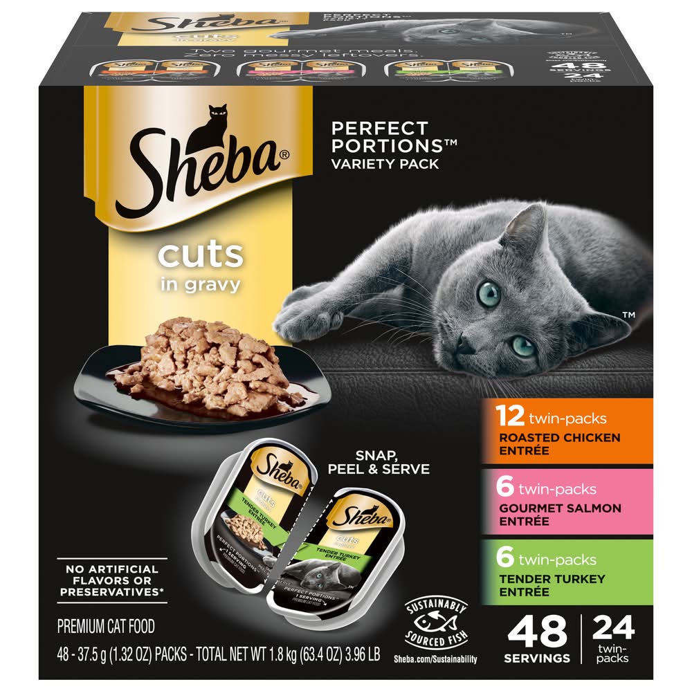 Sheba Perfect Portions Variety Twin-Pack Cat Food, Tender Turkey Entree-Roasted Chicken Entree-With Sustainable Salmon (1.32 oz, 48 ct)