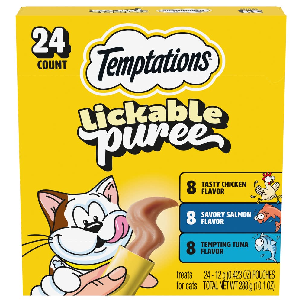 Temptations Lickable Cat Treat Puree, Tasty Chicken-Savory Salmon-Tempting Tuna (24 x 0.42 oz)