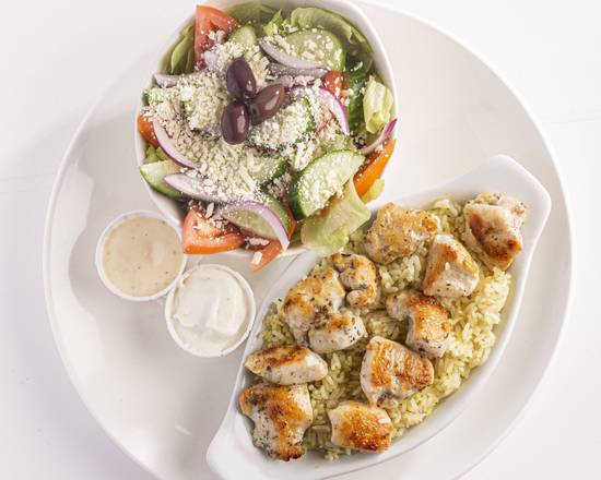Chicken Souvlaki with rice and Greek Salad