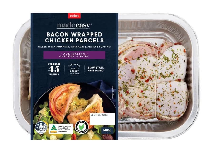 Coles Pumpkin Spinach-Fetta Stuffing Bacon Wrapped Chicken Parcels (600g)