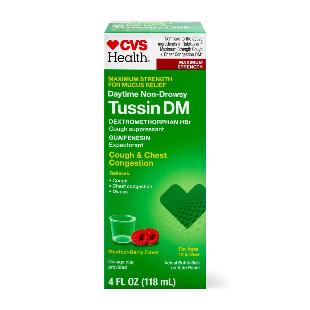 CVS Health Non Drowsy Maximum Strength Tussin DM Cough & Chest Congestion, Raspberry & Menthol, 4 OZ