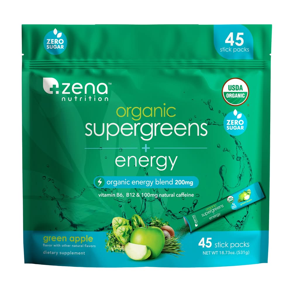 Zena Nutrition Organic Supergreens + Energy Powder, Green Apple