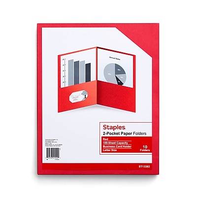 Staples 10% Recycled Smooth 2-Pocket Paper Presentation Folder, Red, 10/Pack (13382-US)