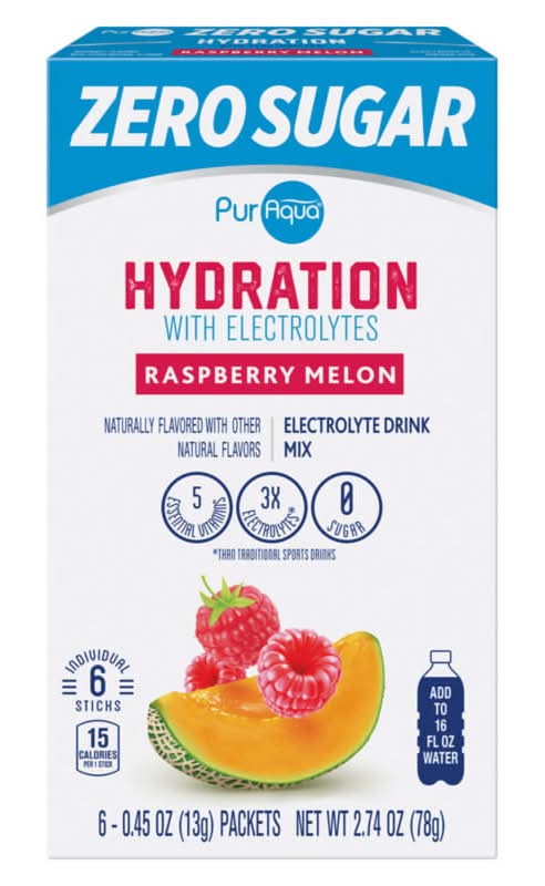 PurAqua Zero Sugar Hydration Powdered Electrolyte Drink Mix Sticks, Raspberry Melon (6 x 0.45 oz)