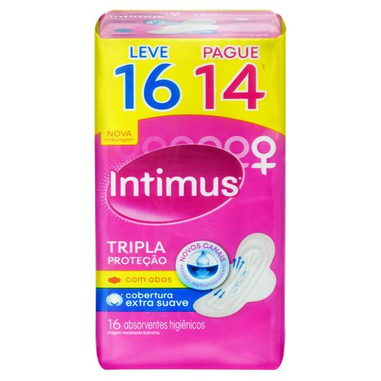 Intimus absorvente descartável tripla proteção cobertura extra suave com abas (pacote 16 absorventes)