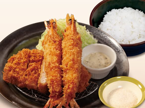 国産雪国育ちロースかつ＆有頭大海老フライ（2尾）定食