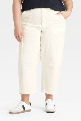 Women's Mid-Rise Barrel Leg Cargo Pants - Universal Thread™ Cream 17: Cotton Blend, Ankle Length, Twill Fabric, Pockets