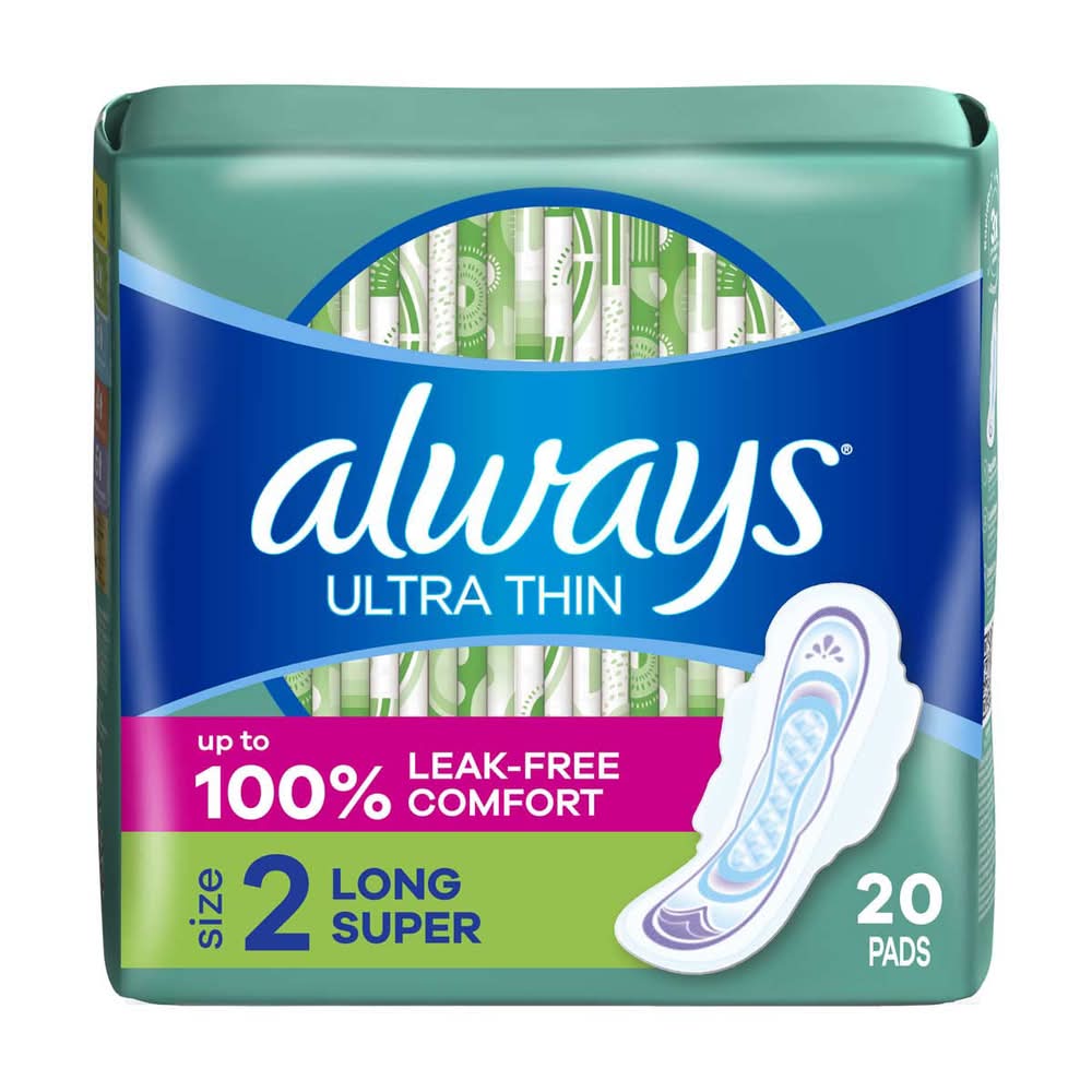 Always Ultra Thin Feminine Pads With Wings Size 2 Long Super Absorbency Unscented 20 Ct