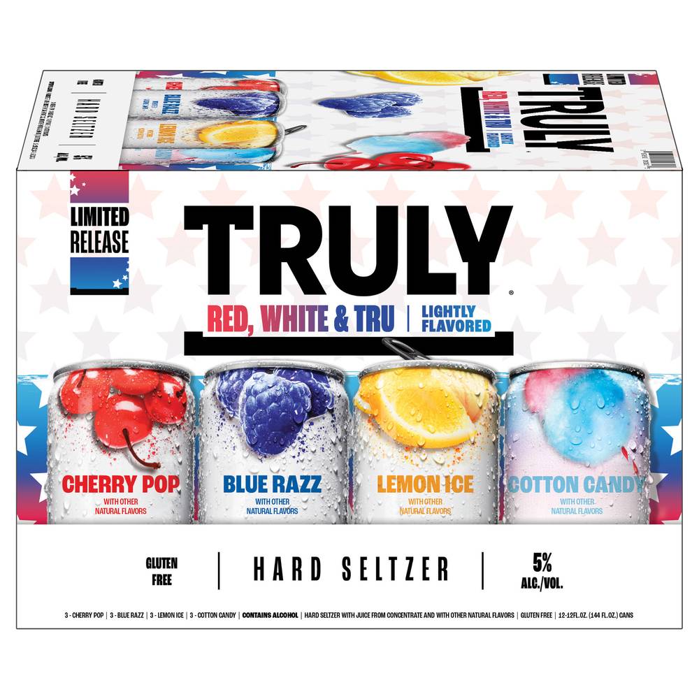 Truly Red White & Tru Lightly Hard Seltzer (12 pack, 12 fl oz) (cherry pop-blue razz-lemon ice-peach burst)