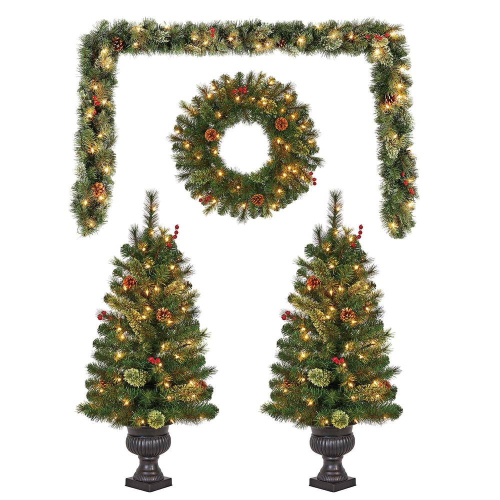 Holiday Living Two 3.5-ft Pre-lit Potted Artifical Christmas Trees, Wreath and Garland Front Door Decoration Set | TV36M3AYJC02