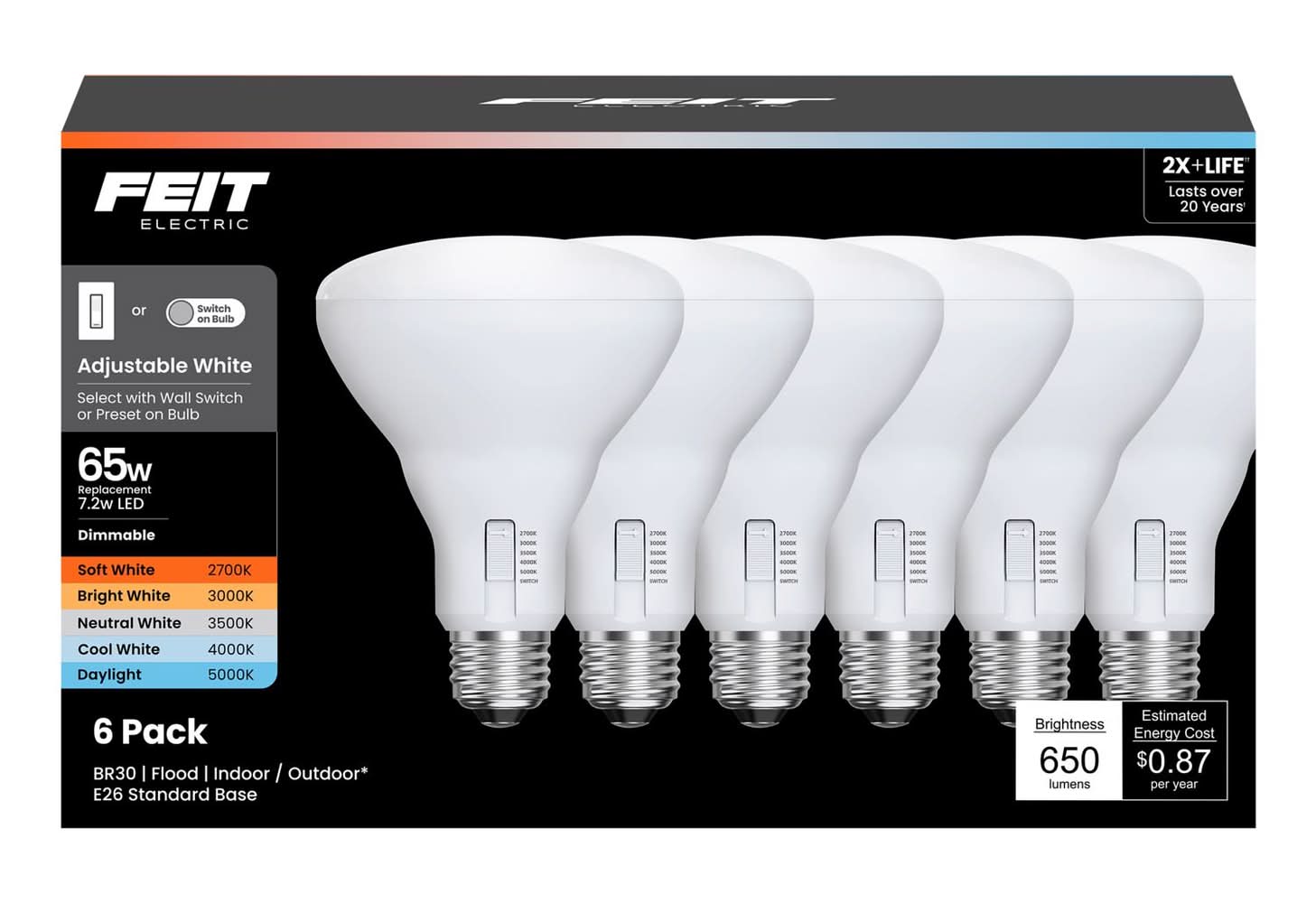 Feit Br30 E26 (Medium) Led Bulb Adjustable White 65 Watt Equivalence 6 Pk