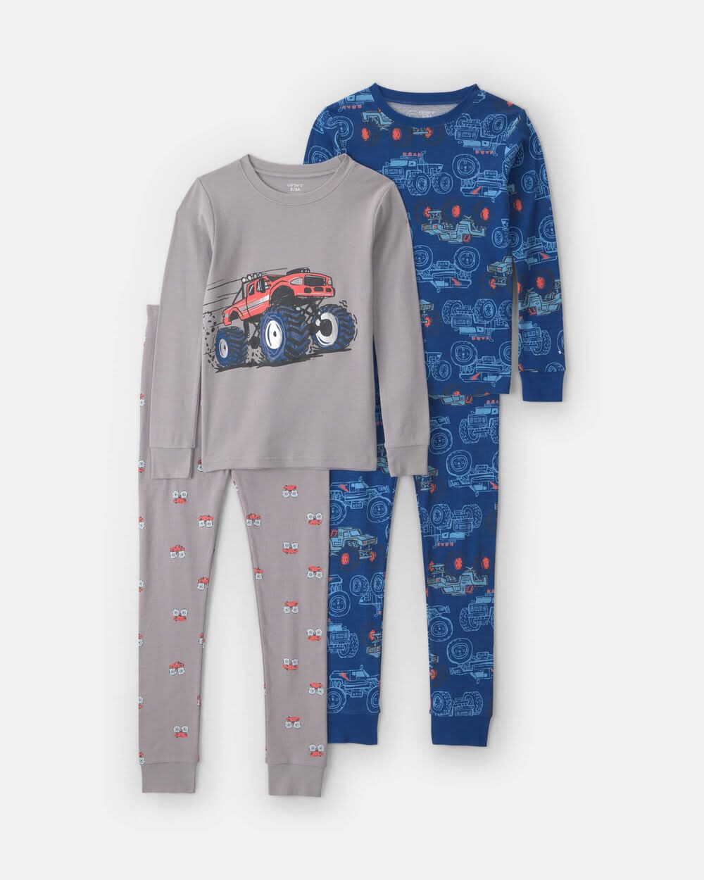 Boys 4-Piece Monster Truck 100% Cotton Snug Fit Pajama Set - Grey - 4