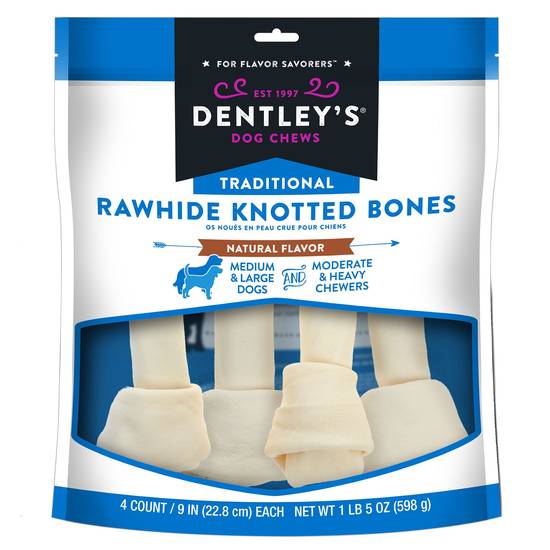 Dentley's Traditional Rawhide Knotted Bones Dog Chews (9")