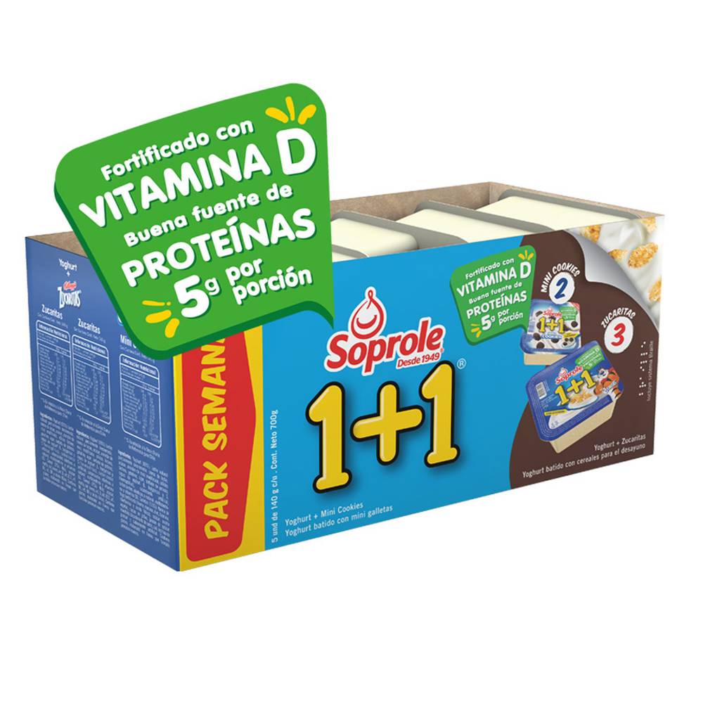Soprole 1+1 pack yoghurt con cereales y minigalletas (5 u x 140 g c/u)