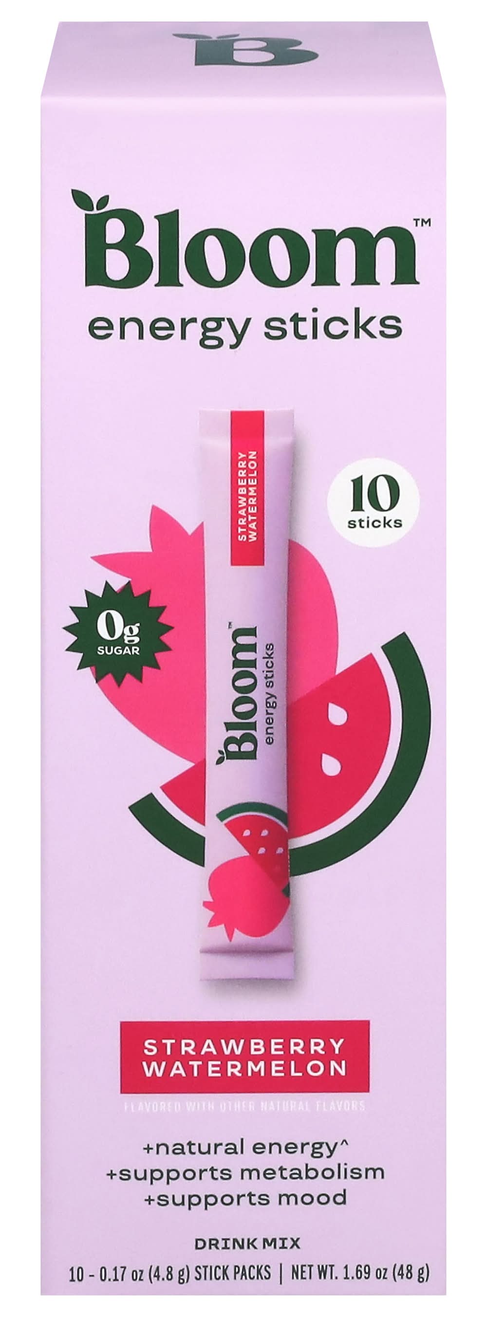 Bloom Natural Energy Drink Powder Sticks, Strawberry-Watermelon (10 x 0.17 oz)