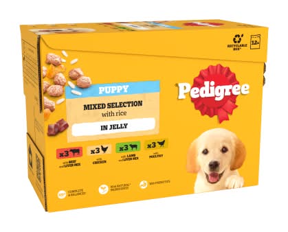 Pedigree Beef & Liver-Lamb & Liver-Chicken-Poultry, Puppy, Complete & Balanced Mixed Selection With Rice in Jelly Wet Dog Food (12 x 100g)