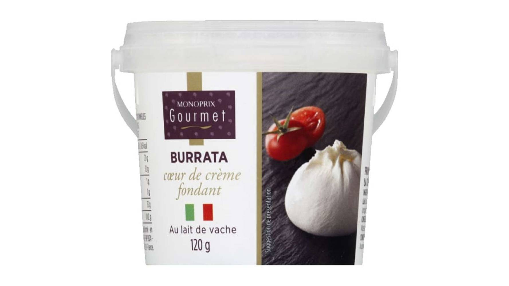 Monoprix Gourmet Burrata coeur de creme fondant, au lait de vache Le pot de 120g