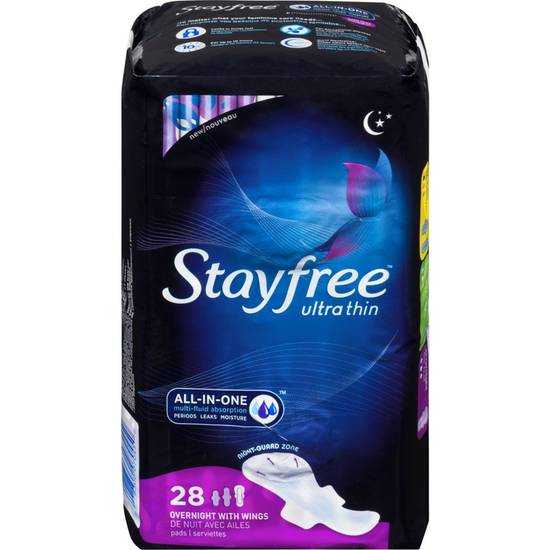 Stayfree Ultra Thin Pads, Overnight with Wings - 28 pads