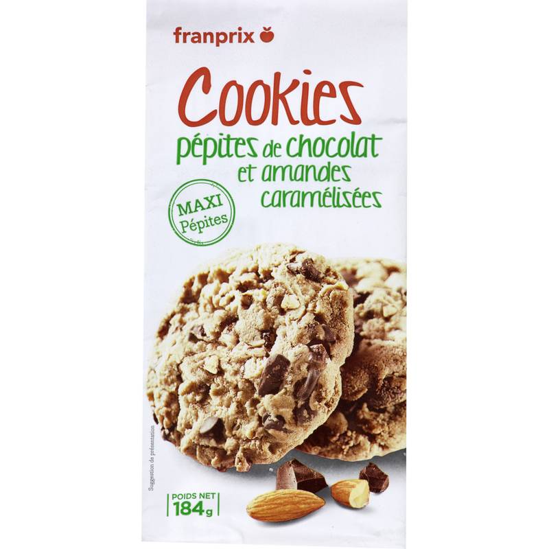 Biscuits Cookies aux pépites de chocolat et aux amandes caramélisées franprix 184g
