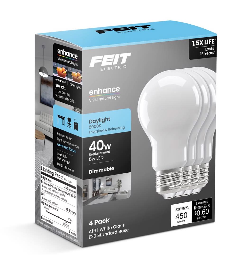 Feit Enhance A19 E26 (Medium) Led Bulb Daylight 40 Watt Equivalence 4 Pk