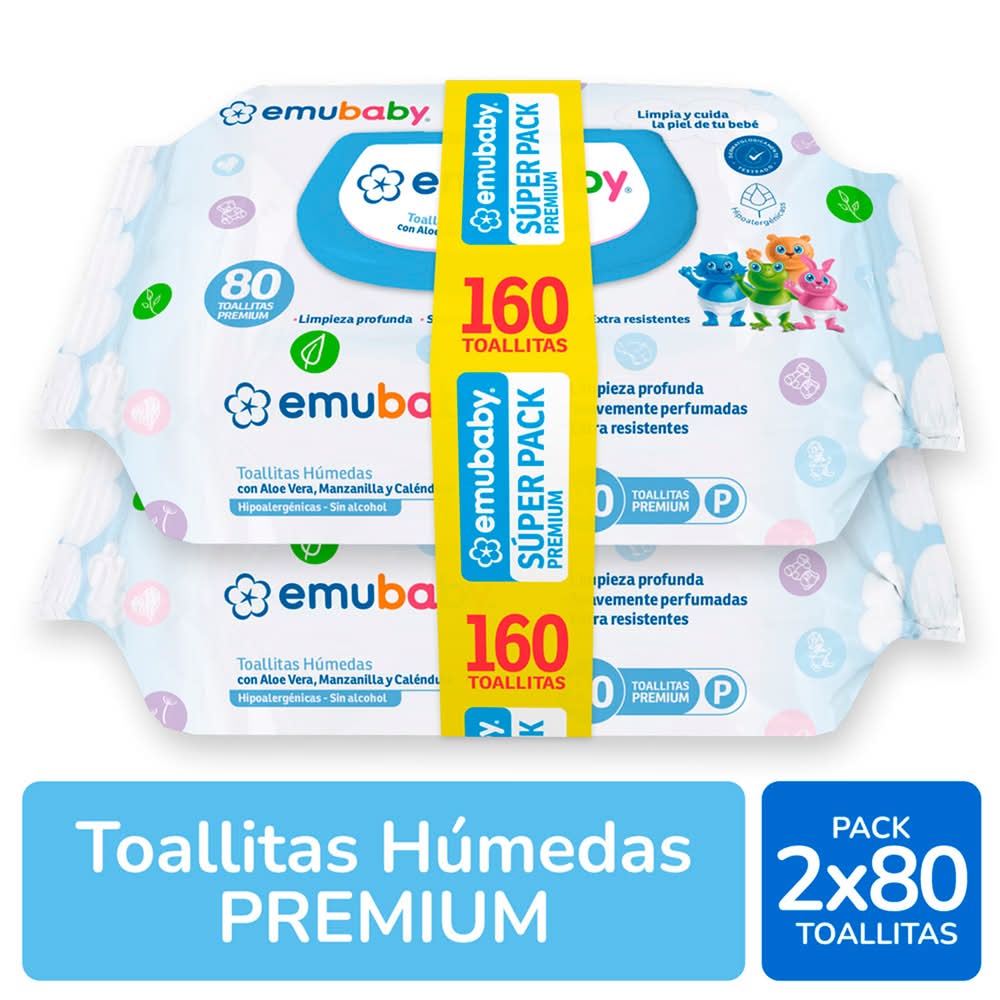 Emubaby · Premium toallitas húmedas para bebés (2 x 80 un)